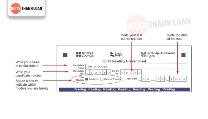 thông tin cá nhân trong mẫu IELTS Sample Answer Sheet