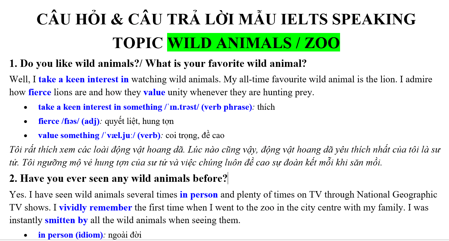 IELTS Speaking topic Wild animals/Zoos - IELTS Thanh Loan IELTS Speaking topic Wild animals/Zoos - IELTS Thanh Loan