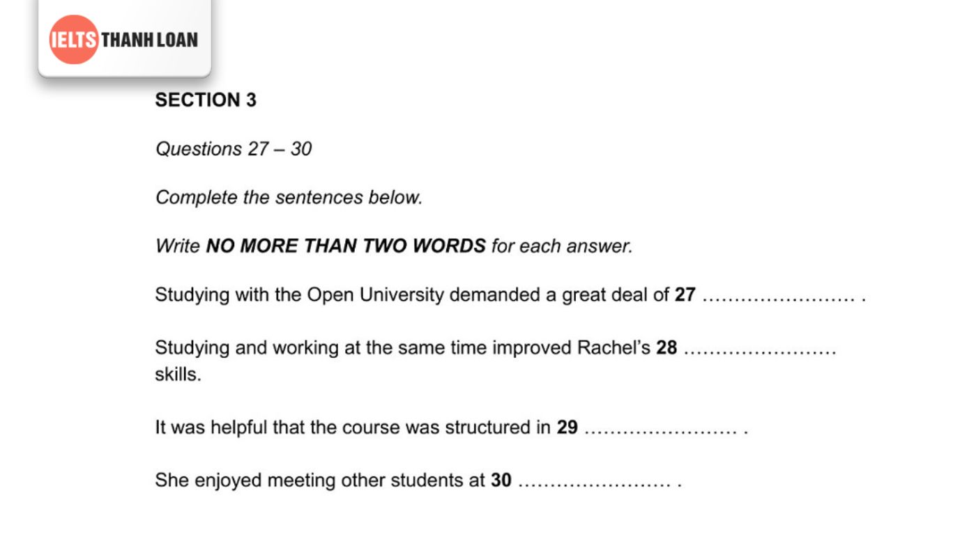 Câu hỏi trong IELTS Listening dạng Sentence Completion