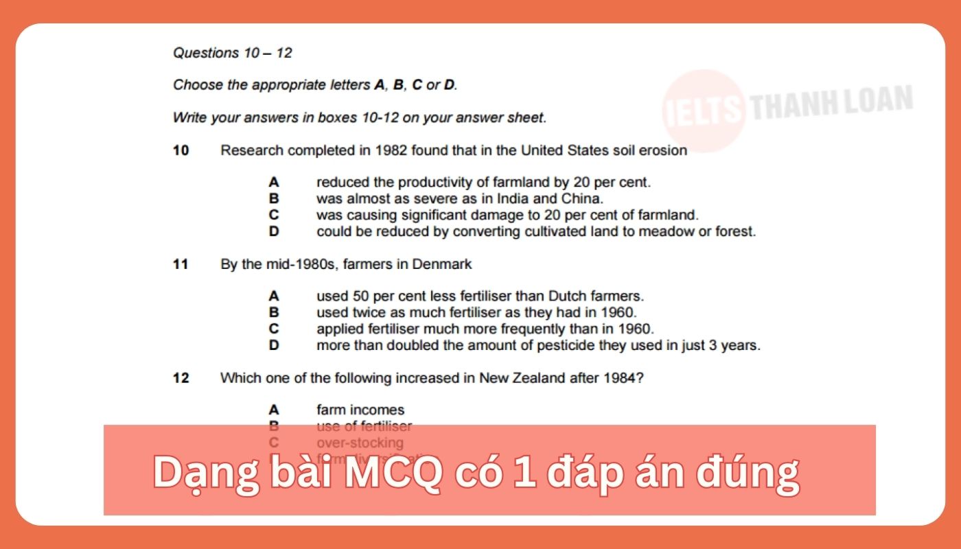 Format dạng bài Multiple Choice chọn 1 đáp án 