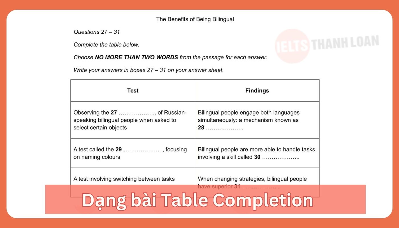 dạng bài Table Completion trong IELTS Reading