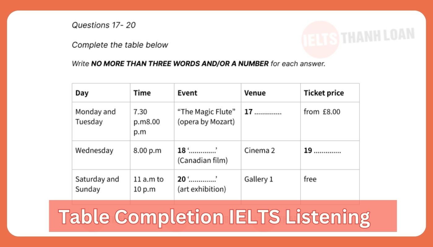 dạng bài table completion ielts listening