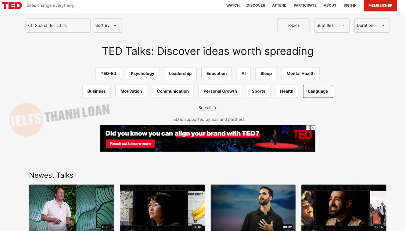 Website luyện nghe IELTS online TED Talk